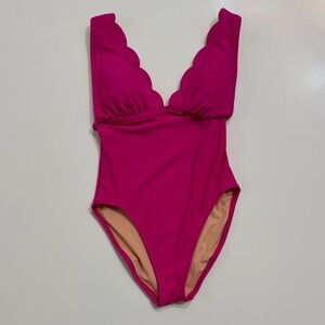 J.Crew Pink Scalloped Plunge One Piece Swimsuit XS Bright Fuchsia Classic Fit